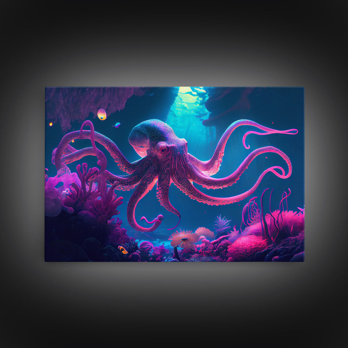 Pink Octopus, Ocean art, aquarium art, framed canvas print, vaporwave pastel art