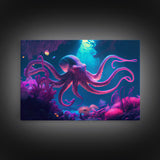 Pink Octopus, Ocean art, aquarium art, framed canvas print, vaporwave pastel art