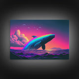 Humpback whale breaching a rainbow, vaporwave art, synthwave animal print, framed canvas print