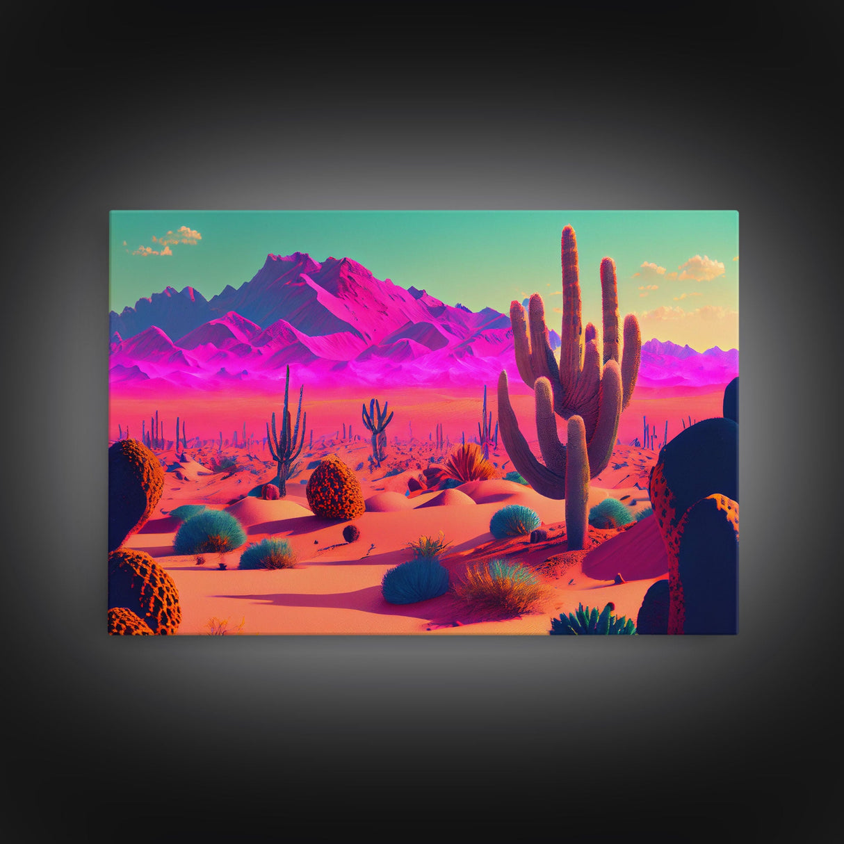 Vaporwave Aesthetic Cactus Art, Retro Desert Abstract, framed canvas print, Arizona art