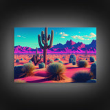 Synthwave Style Cactus Art, Retro Desert Abstract, framed canvas print, Arizona art