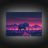 Elephant Art | Framed Canvas Print | Synthwave Style Framed Wall Art | Animal Prints | Elephant Walks Under A Full Moon | Kid's Room Decor