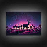 Wildlife at Night, Timelapse art, framed canvas print, synthwave style animal art