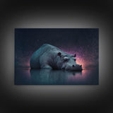 Sleepy Hippo, Animal Prints, framed canvas prints, wildlife art, starry night pastel hue art