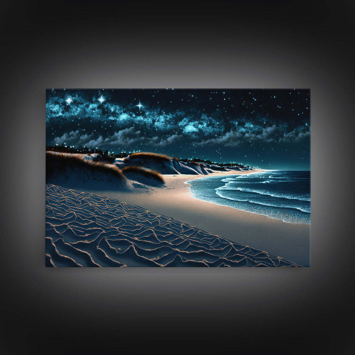 Painting Of a Beach at Night, Canvas Print, Framed Canvas Art, Starry Night Sky, Beach House Art, Large Living Room Art