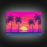 Beach sunset Wall Art, Framed Canvas Print, Colorful painting, Vibrant art, Synthwave Style, Warm Colors, Pop Art style, Tropical art