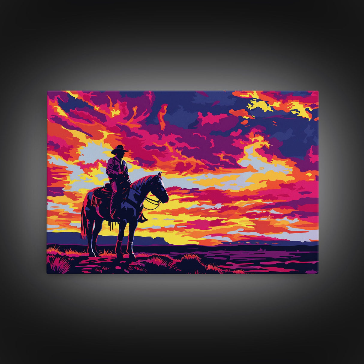 Pop Art Sunset Cowboy Painting Framed Canvas Print, Wild West Wall Art, Cowboy Print, Western Decor, Kitsch Whimsical Art