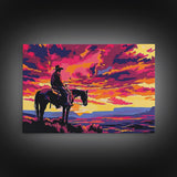 Wild West Cowboy At Sunset Framed Canvas Print, Pop Art, Watercolor Painting, Room Decor Western Aesthetic