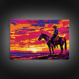 Wild West Cowboy At Sunset Framed Canvas Print, Pop Art, Watercolor Painting, Room Decor Western Aesthetic