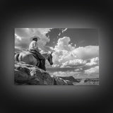 Old Cowboy's Last Ride, Framed Canvas Print, Metal Art, Boho Farmhouse Decor, Country Western Art, Black and White Photography Print