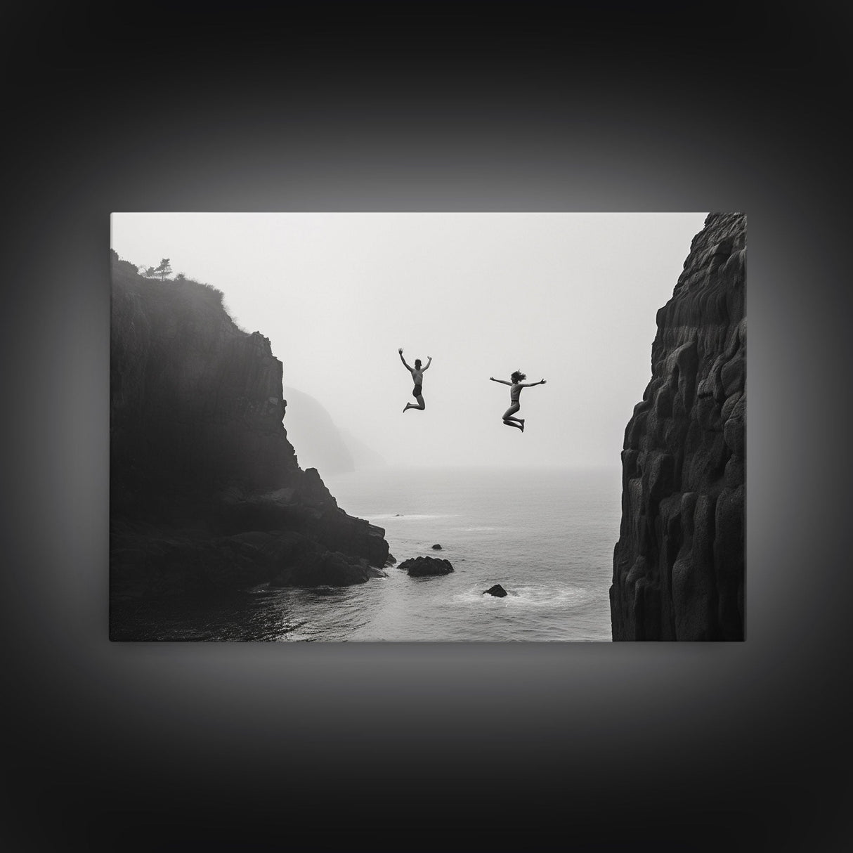 The Dive - Fine Art Black and White Print - Wood Framed Canvas or Metal Print - Cliff Diving In The Ocean - Lifestyle Minimalist Home Decor