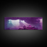 Panoramic Fantasy Underwater City, Purple Art, Extra Large Wall Art, Framed Panoramic Canvas Print, Framed Wall Decor