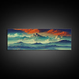 Beautiful Fantasy Mountain Landscape With Orange Clouds, Framed Canvas Print, Ready To Hang Panoramic Wall Decorr