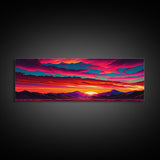 Panoramic Framed Canvas Print | Desert Mountain Landscape Synthwave Sunset | Living Room, Bedroom, Dining Room, Office