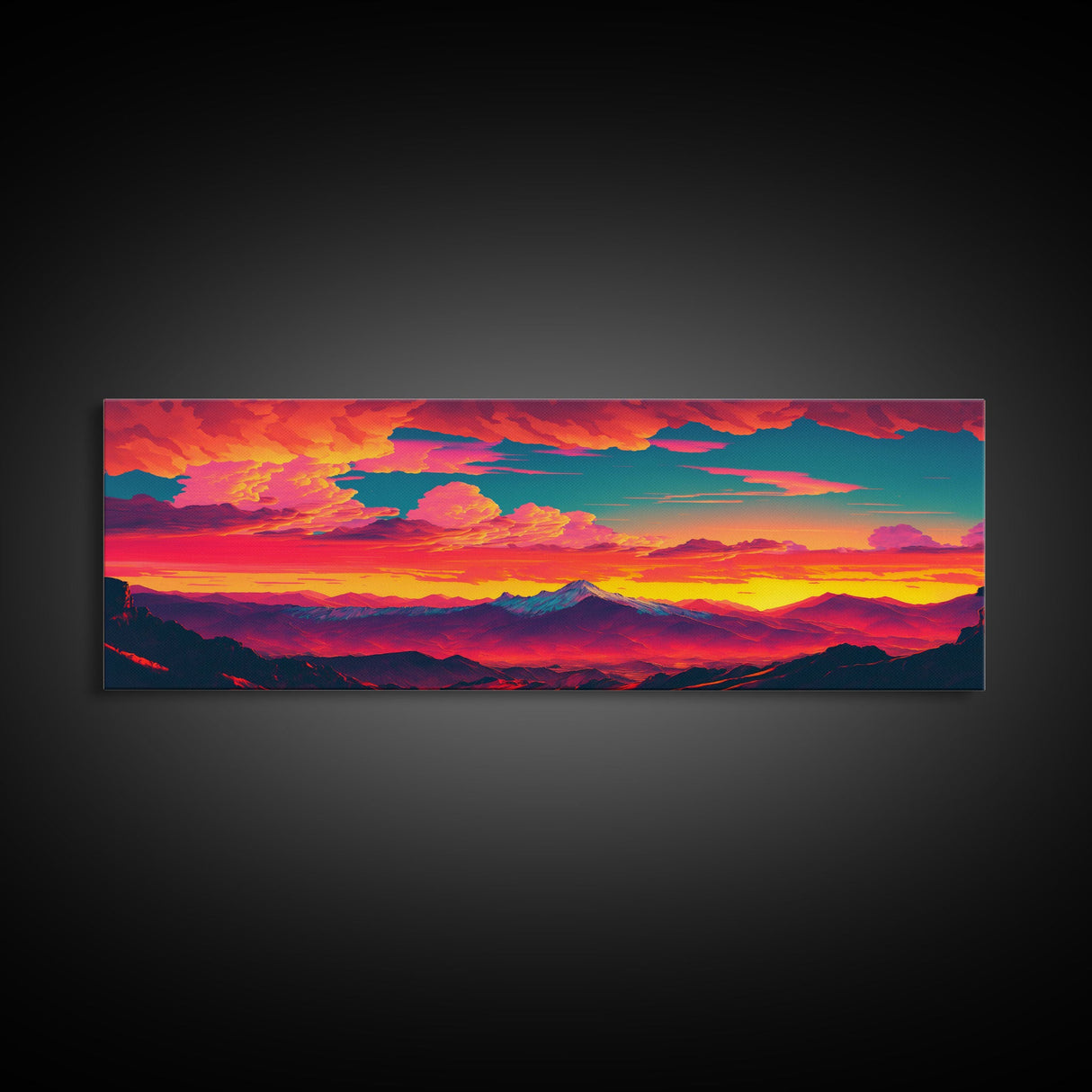 Panoramic Framed Canvas for Living Room, Bedroom - Synthwave Mountain Landscape Painting, Beautiful Landscape Art Print