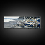 Driftwood, Panoramic Framed Canvas Print, Pacific Northwest / Washington State Driftwood Washed Up On The Shore, Extra Wide Format Art