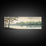 Panoramic Framed Canvas Print of Misty Fog Covered Lake and Pine Tree Forest, Perfect for Living Room, Bedroom