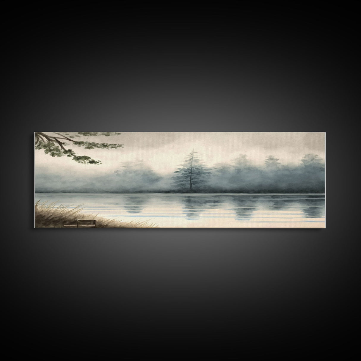 Panoramic Framed Canvas Print of Misty Fog Covered Lake and Pine Tree Forest, Perfect for Living Room, Bedroom, Fog Covered Lake