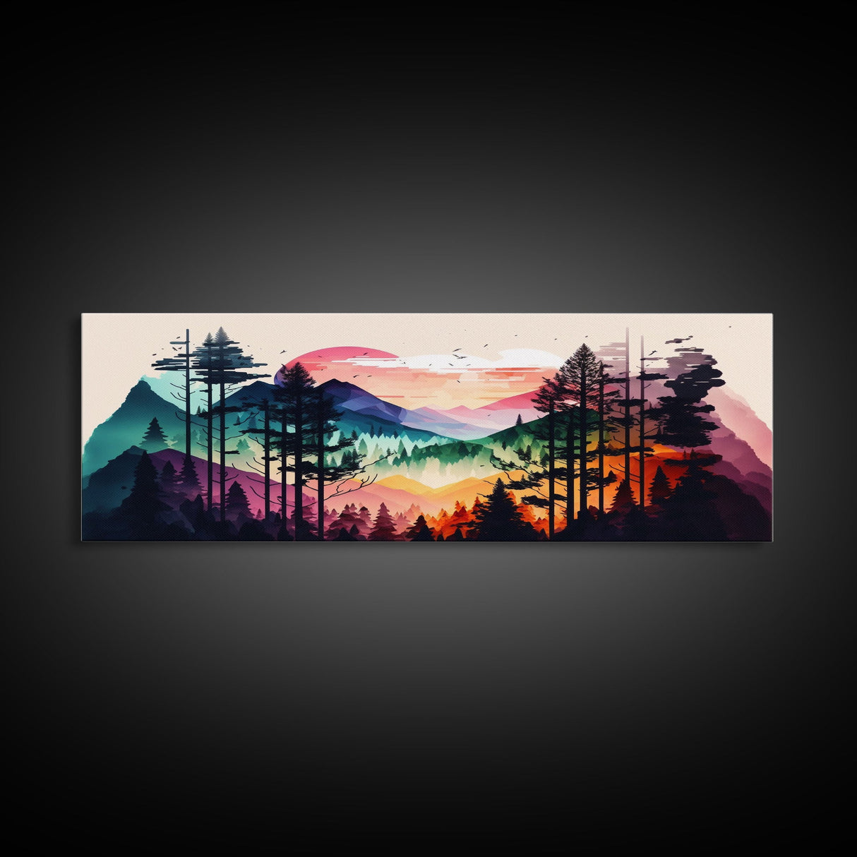 Vibrant Double Exposure Watercolor of a Mountain Landscape and Pine Tree Forest at Sunset, Wide Panoramic Framed Canvas Print