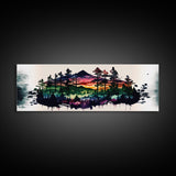 Vibrant Double Exposure Watercolor of a Mountain Landscape and Pine Tree Forest at Sunset, Wide Panoramic Framed Canvas Print