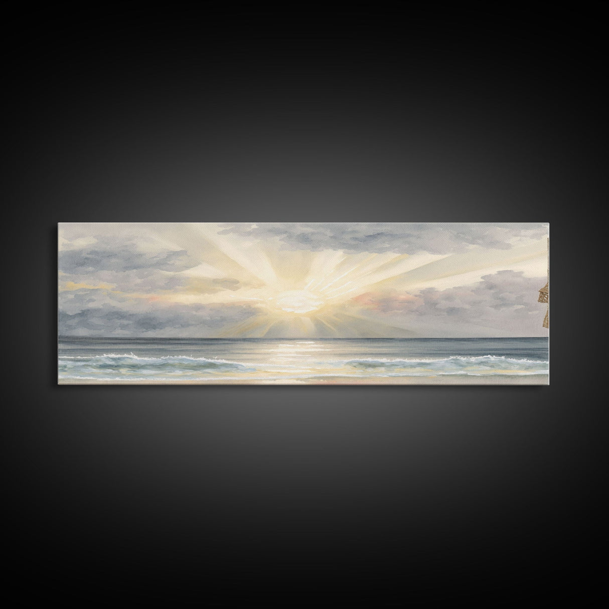 Whimsical Beach Sunset Art Watercolor, Framed Canvas Print, Panoramic Lakehouse Art, Light Pastels, Ultra Wide Format Above Bed Art