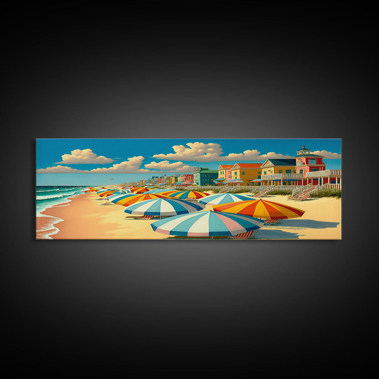 The Beach Boardwalk, Beach Umbrellas, Framed Canvas Print, Colorful Panoramic Beach Art, Midcentury Modern Style Wall Art