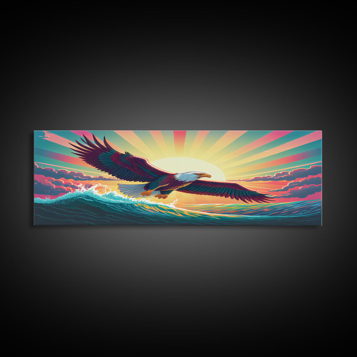 American Bald Eagle, Panoramic Wall Art, Framed Canvas, Retro Style Eagle Painting, Synthwave Ocean Sunset Art