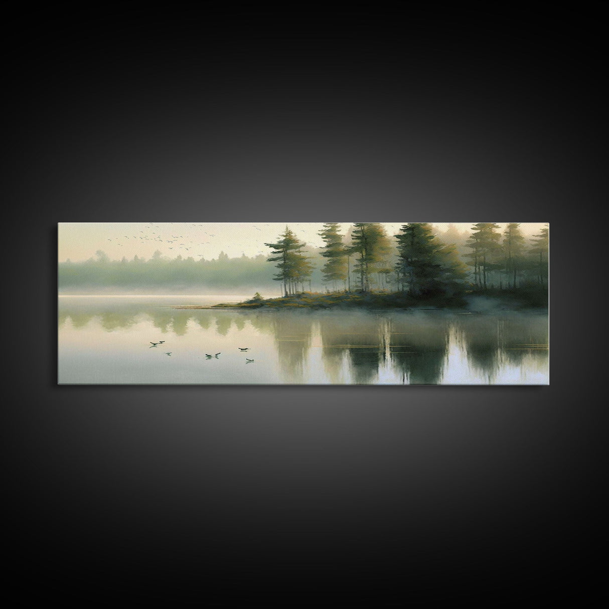 framed lake landscape art, panoramic, framed wall art,  living room wall decor, framed canvas, minimalist landscape, abstract landscape art