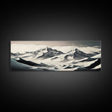 Stunning Panoramic Framed Canvas Print - Black and White Watercolor Landscape Painting - Snow Covered Mountain Art