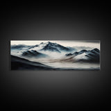 Panoramic Framed Canvas Print of Watercolor Snowy Mountain Lake Reflection Landscape Painting, Unique Landscape Wall Art