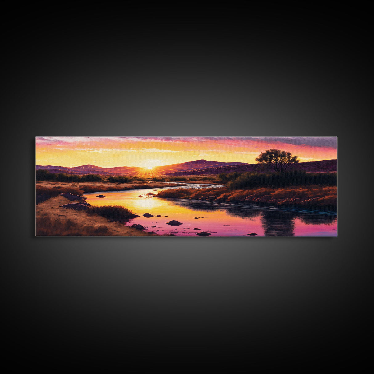 Vibrant Orange Mountain Sunset Panoramic Framed Canvas Print, Colorful Nature Landscape, Cool Wall Art