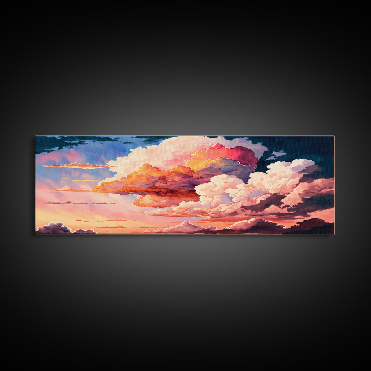 Panoramic Framed Canvas Print of Watercolor Panoramic Landscape Painting of Red & Pink Clouds at Sunset, Framed Wall Art