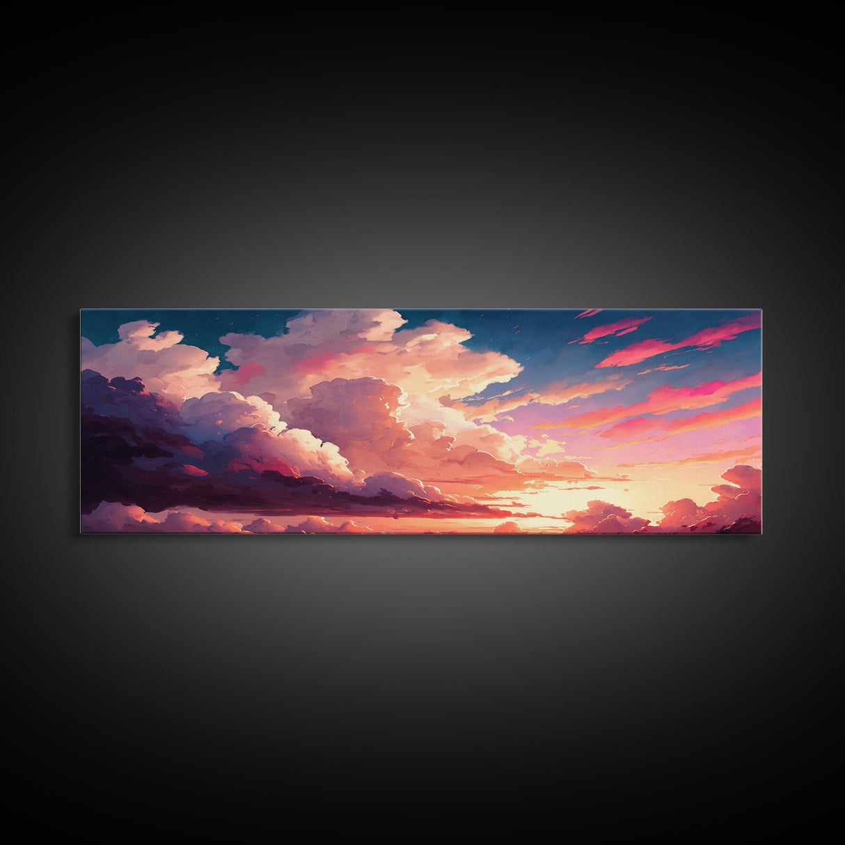 Beautiful Panoramic Framed Canvas Print of Red and Pink Clouds and Sunset, Framed Wall Art, Wall Decor, Living Room Art