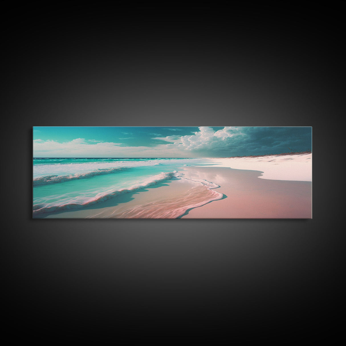 Panoramic Framed Canvas Print of Watercolor Beach Sunset Landscape Painting, Blue Ocean Waves, Tranquil Art, Peaceful Art