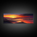 Panoramic Framed Canvas Print - Watercolor Desert Landscape Painting - Vibrant Sunset - Wall Art for Living Room, Bedroom