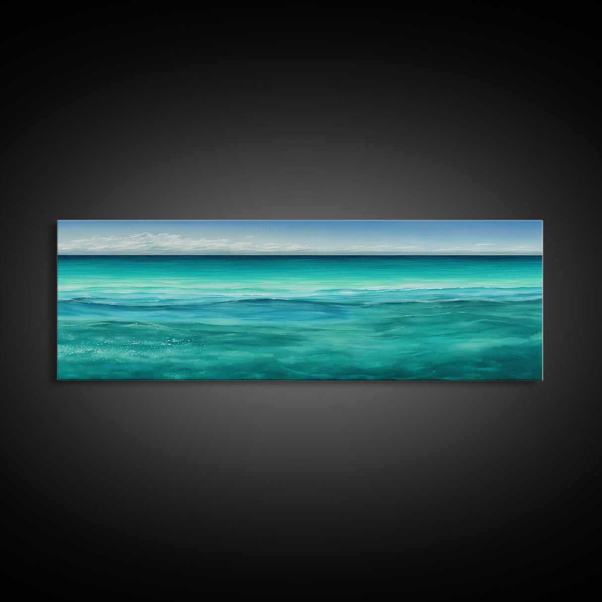 Panoramic Canvas Print of Blue Ocean Landscape Painting - Home and Office Decor, Sea Green, Seascapes, Pacific Ocean, Atlantic Ocean