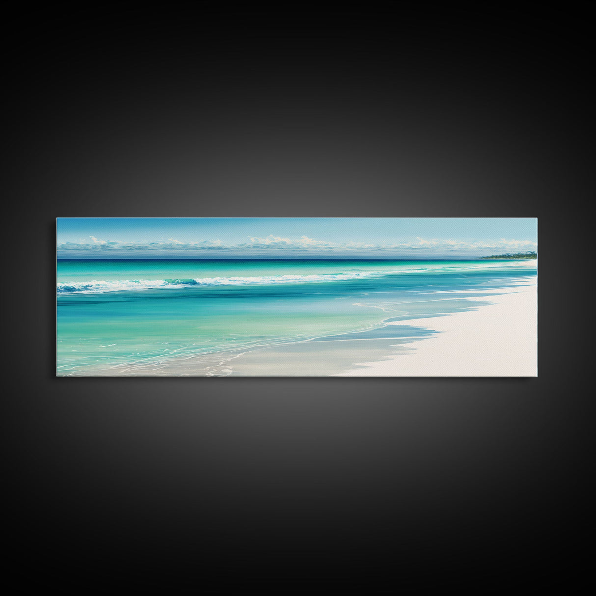 Blue Beach and Ocean Waves Panoramic Framed Canvas Print - Perfect for Living Room, Bedroom, Office Decor