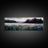 Panoramic Framed Canvas Print - Watercolor Purple Flower Field Landscape - Perfect for Living Room, Bedroom, Office, Guest Room Art