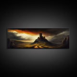 Panoramic Dark Fantasy Wall Art, Framed Canvas, Wood Frame Art, The Dark Castle Oil Painting Fantasy Decor, DND Art