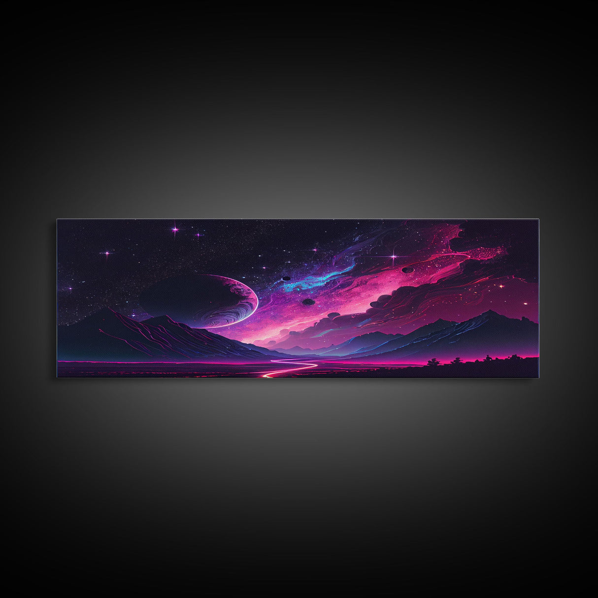 Beautiful Science Fiction Wall Art, Synthwave Style Scifi Art, Framed Canvas Print, Panoramic Alien Worlds and Star Filled Night Sky