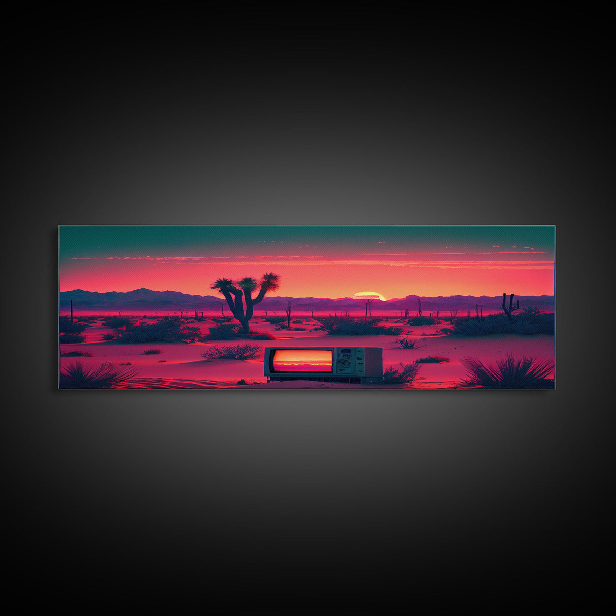 Surrealist Art, Retro TV Abandoned In The Desert, Statement Piece, but what? -  Framed Canvas Print - Synthwave Sunset Desert Art