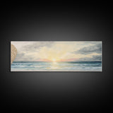 Panoramic Sea Canvas Oil Painting Print, Holiday Seascape Art, Blue Sky Cloud Mural Living Room Decor Painting Framed Wall Art