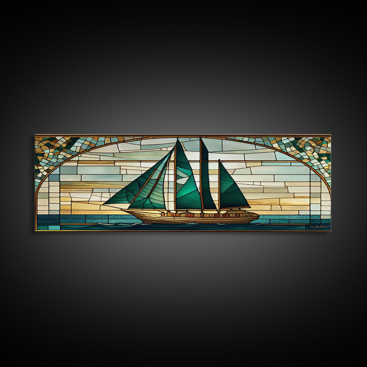 Panoramic Art Deco Sail Boat, Stained Glass, Early 20s Style Art, Roarin' 20s Art, Nautical Theme Framed Canvas Print, Extra Large Art