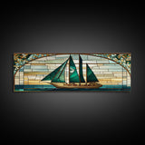 Panoramic Art Deco Sail Boat, Stained Glass, Early 20s Style Art, Roarin' 20s Art, Nautical Theme Framed Canvas Print, Extra Large Art