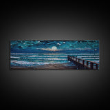 Panoramic Van Gogh Inspired Beach, Framed Canvas Print, Cool Painting, Full Moon Over Rolling Waves, Soothing Abstract Beach Decor