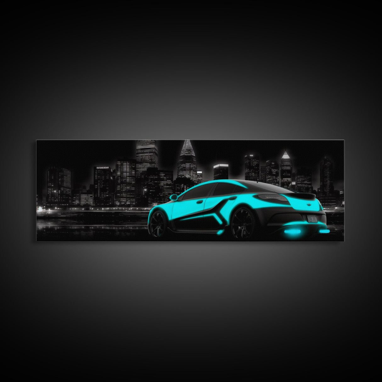 City Skyline Wall Art, Teal Sports Car,  Abstract Urban Art, Cityscape Art, Dark Night Large Urban Art, Panoramic, Wall Art, Canvas Print