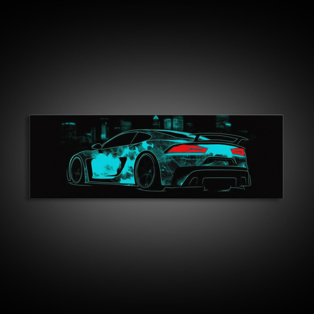 Teal Sports Car,  Abstract Urban Art, Cityscape Art, Dark Night Large Urban Art, City Skyline Wall Art, Panoramic, Wall Art, Canvas Print