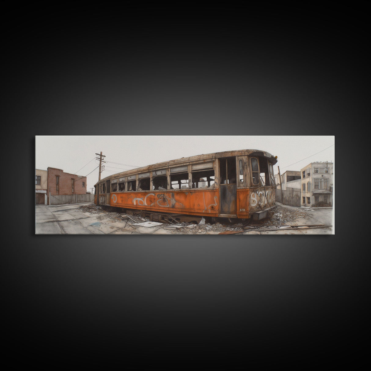 Abandoned Orange Train, Graffiti Art, Urban Art Print, Street Art, Wall Decor, Large Canvas Print, Panoramic, Wall Art, Canvas Print