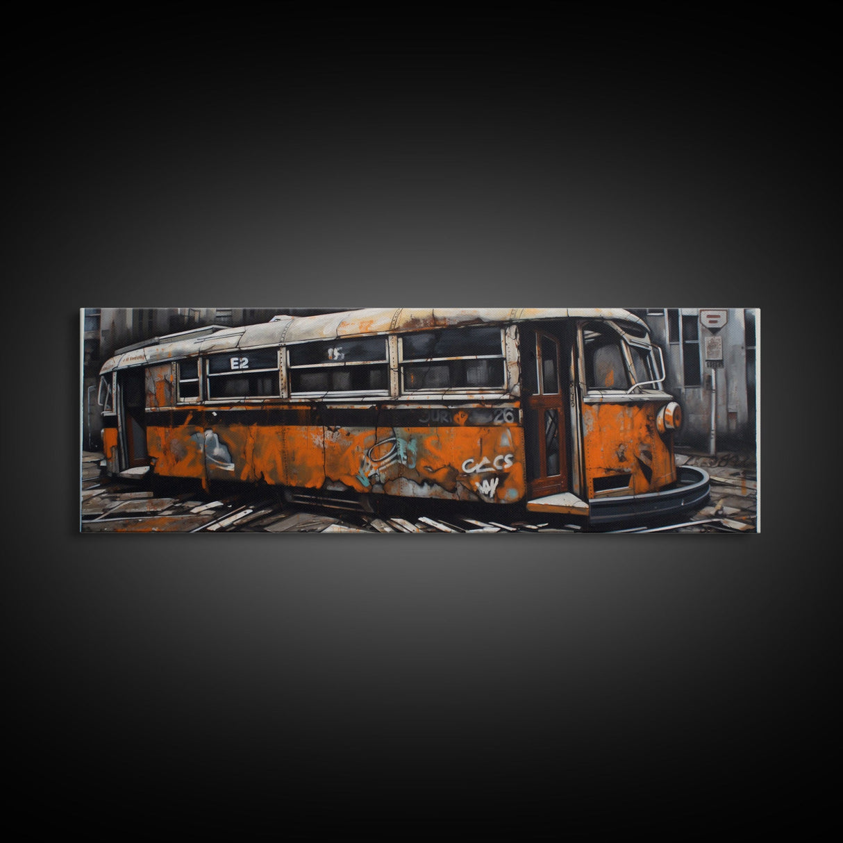 Old Abandoned Orange Streetcar Print, Graffiti Art, Urban Art Print, Street Art, Large Canvas Print, Panoramic, Wall Art, Canvas Print