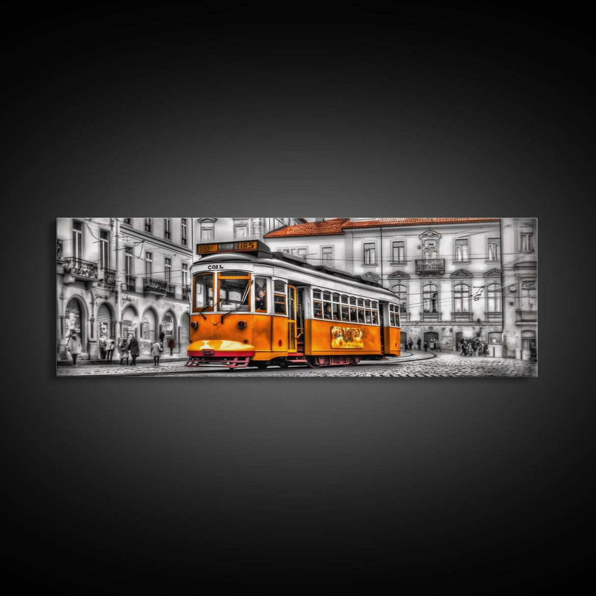 Tram Art, Lisbon Wall Art, Yellow Color Pop, Urban Art Print, Large Print, Vibrant Art, Framed Canvas, Panoramic, Wall Art, Canvas Print